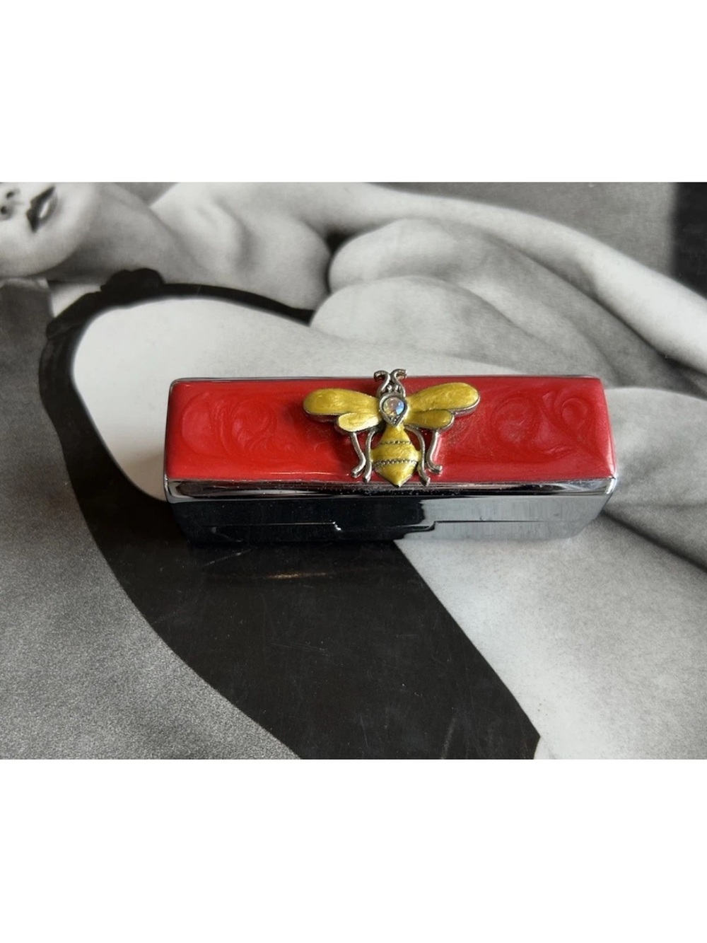 Spring Street Vintage Y2K Bee Lipstick Case Mirror Jeweled Enamel Red Crystal